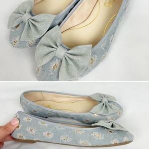 Sam Edelman | Blue Gold Denim Polka Dot Bow Flats 6.5 Slip On Flats Shoes